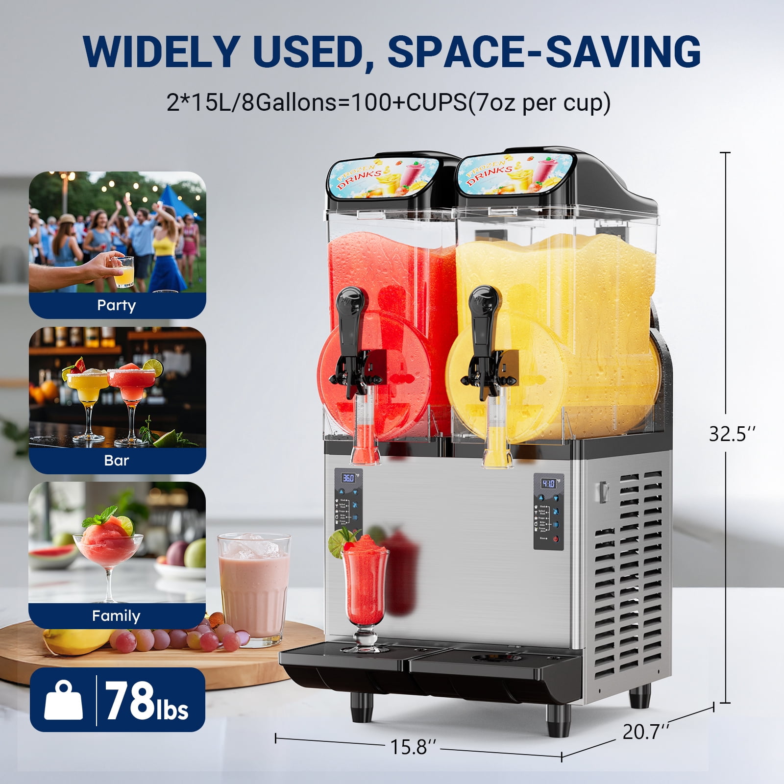 Joreek 6.4Gal/24L Commercial Slushy Machine Independently Control 2 Tank 5-45 Minutes to Make Margarita & Slushie & Cold Drink,Built-in LED Light Frozen Drink Maker Self-cleaning
