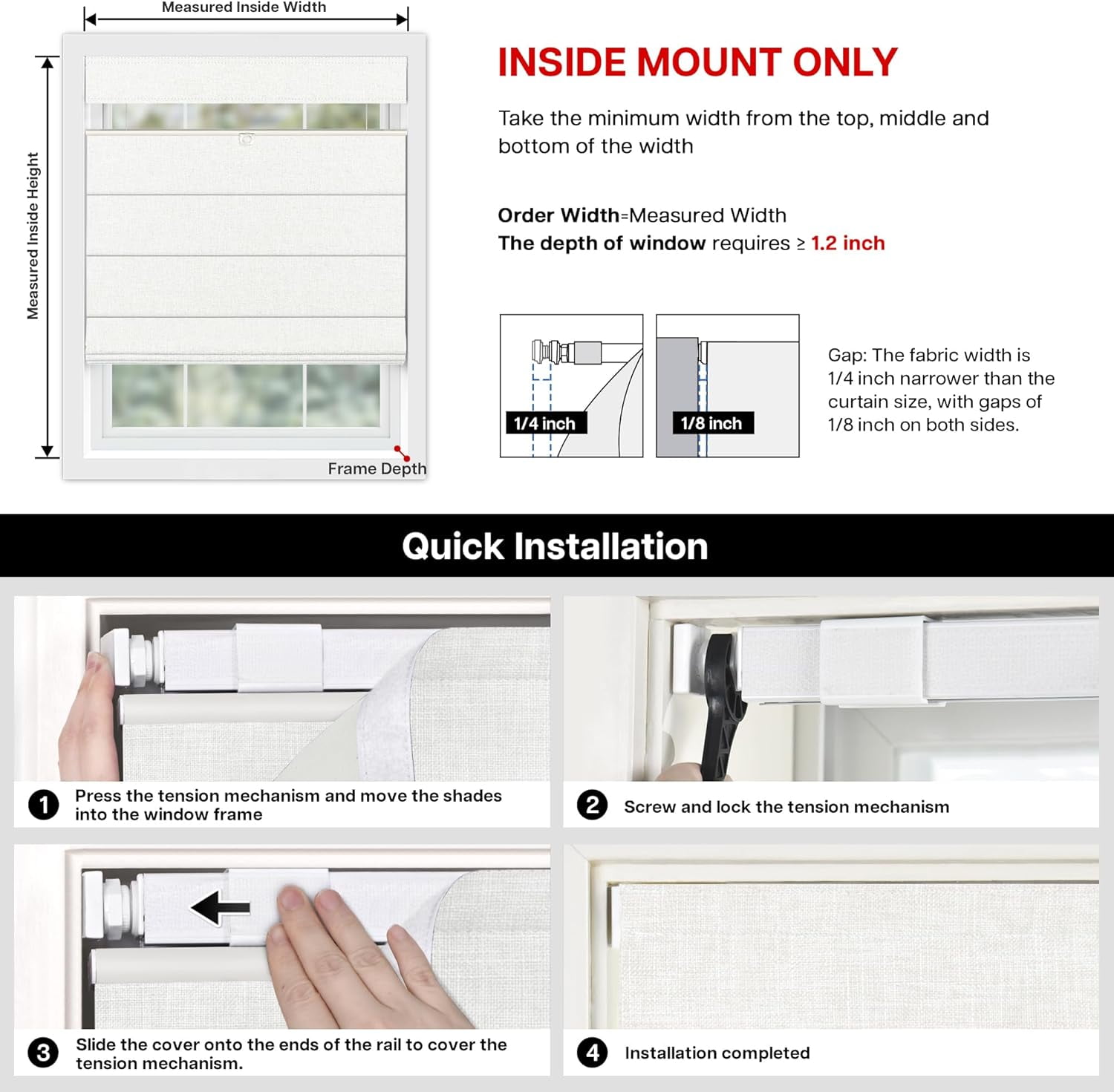 LazBlinds No Tools No Drill TDBU Cordless Roman Shades for Window, Thermal Insulated UV Blocking, 100% Blackout Fabric Blinds for Bedroom & Living Room, 40"W x 64"H, Blackout - White