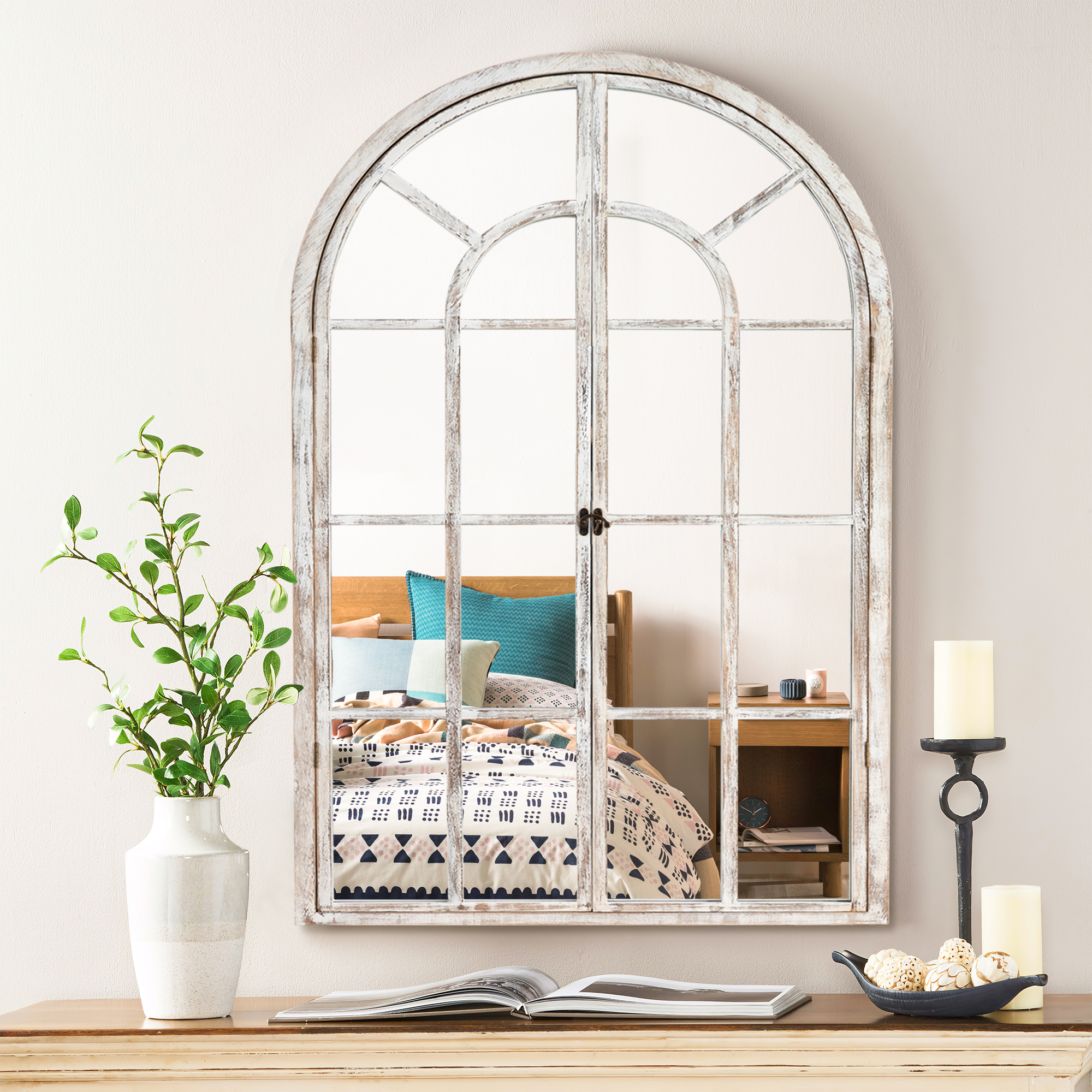 MAYEERTY 36"×24" Weathered White Solid Wood Window Mirror Right-Angle Arch, Grid, Openable for Bedroom