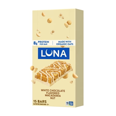 LUNA White Chocolate Macadamia Flavor Gluten Free Snack Bars, Protein Bars, 15ct