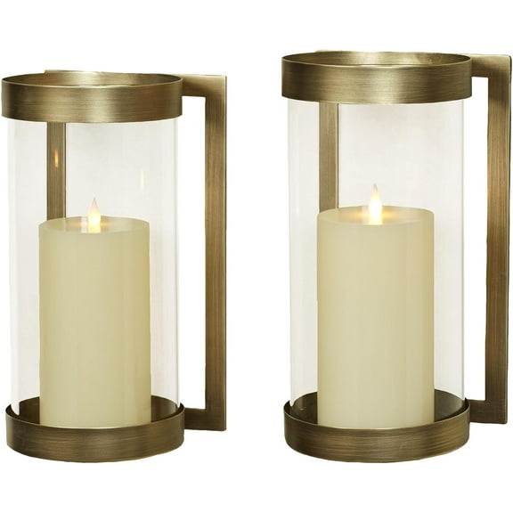 Crosce Satin Brass Metal Wall Sconce Pair | Set of Two | Candleholder Sconces for Bedroom Living Room, Bathroom, Hallway, Entryway | Hurricane Style Glass