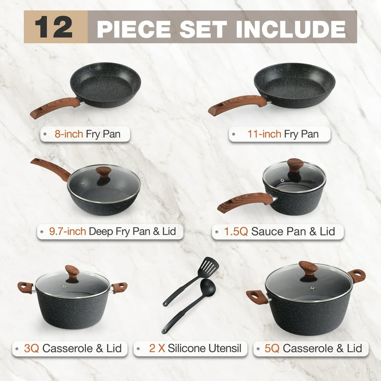 MF Studio 12 Pieces Cookware Set Granite Nonstick Pots and Pans Dishwasher Safe Black