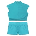 thumbnail image 4 of Hansber Kids Girls Dance Outfits 2-Piece Sleeveless Rhinestones Cutout Mock Neck Crop Top with Shorts Set Blue Green 8, 4 of 7