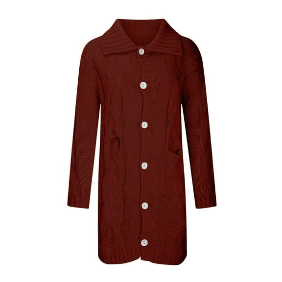 Women Hooded Open Front Cardigan Cable Knit Sweaters Solid Color Button Down Chunky Long Sweater Coats with Pocket