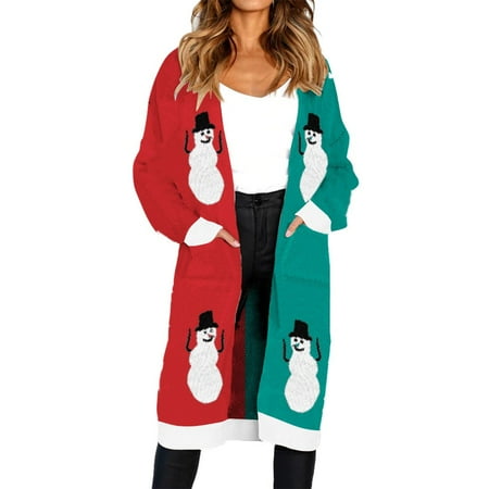 Cheetah Print Cardigan - Mosunx Women Knitted Christmas Snowman Print Long Sleeve Cardigan T-shirt Sweater Coat
