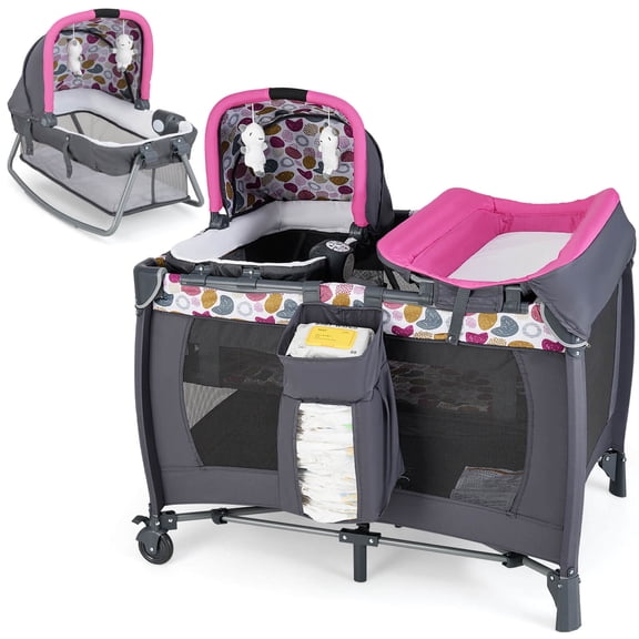 Costway 5 in 1 Bedside Bassinet with Diaper Changer Lockable Wheels & Travel Bag Rose Red