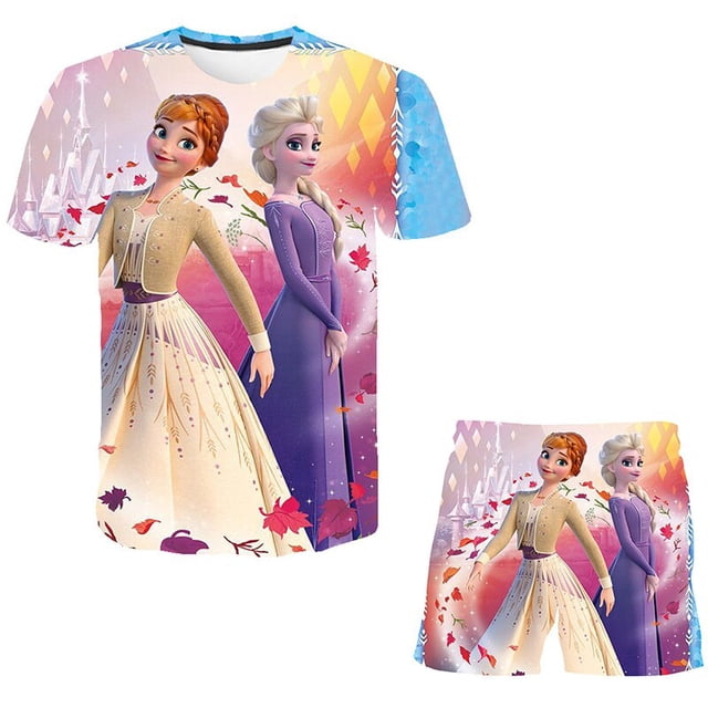 Conjuntos de ropa de Frozen Elsa Anna para niños, ropa de verano para bebés, camiseta de manga corta para niñas y pantalones, trajes de 2 uds, ropa para niños, 10T Gao Jinjia LED