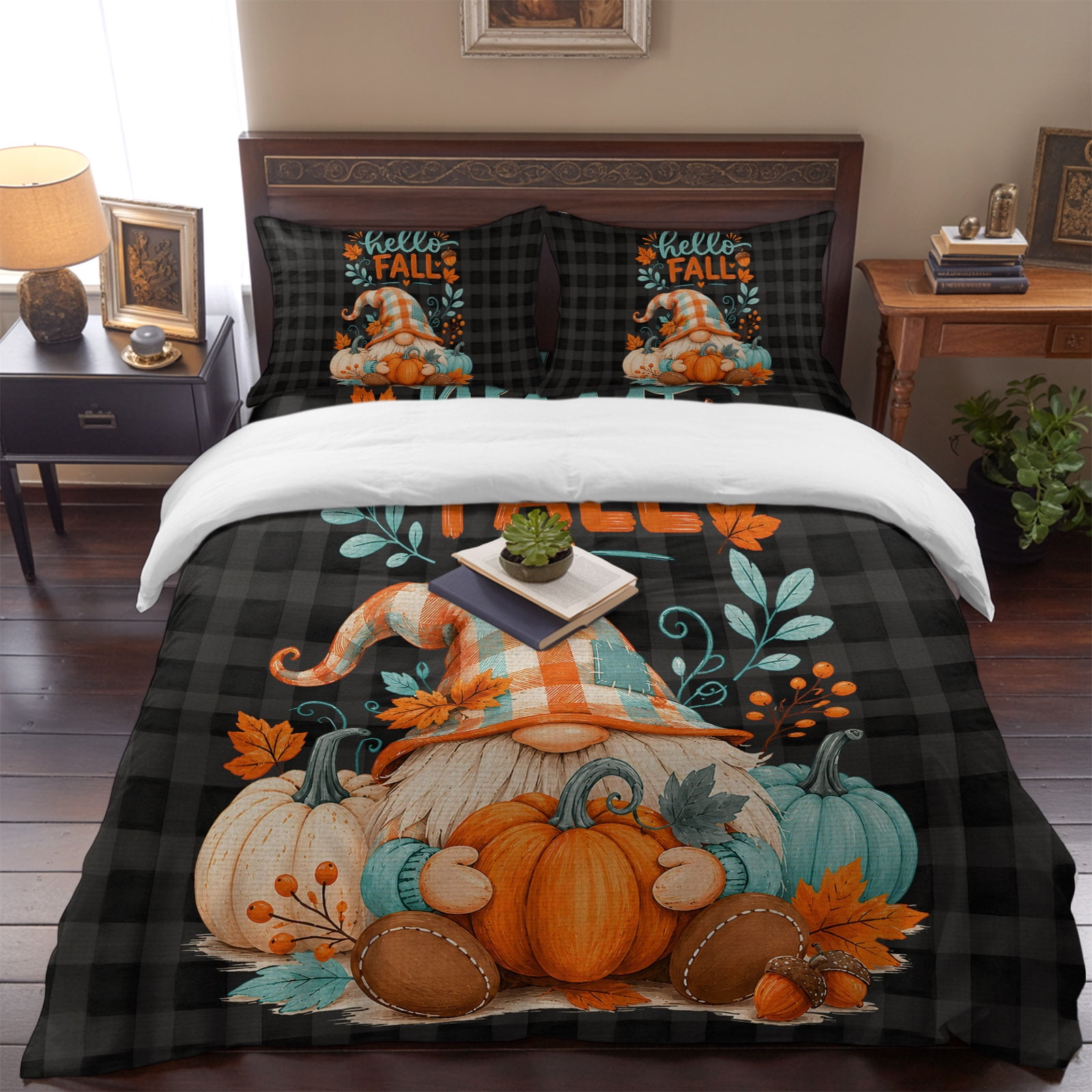 Hello Fall Gnome 4 Piece Bedding Set Country Orange Pumpkin Maple Leaf Berry Black Plaid King Size Duvet Cover Set with Zipper Closure & Corner Ties Soft Breathable Comforter Cover for Bedroom