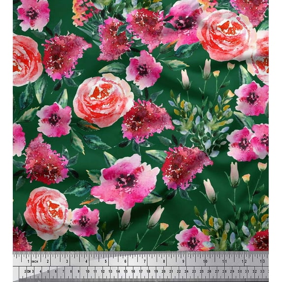 Soimoi Cotton Poplin Fabric Leaves & Rose Flower Print Fabric by Yard 42 Inch Wide
