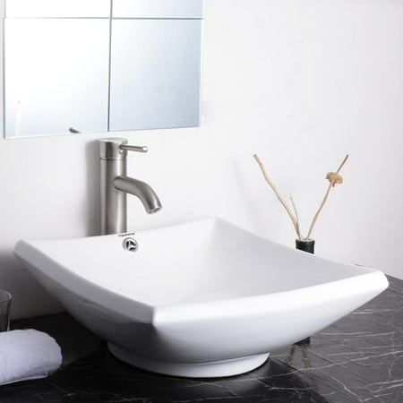 Aquaterior Square White Porcelain Ceramic Bathroom Vessel Sink Bowl Basin with Chrome Drain and