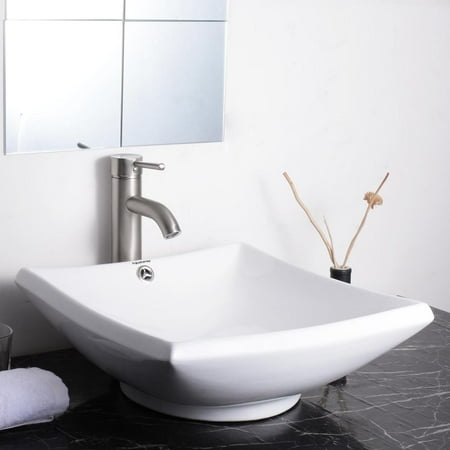 Reverse Bowl Sink - Aquaterior Square White Porcelain Ceramic Bathroom Vessel Sink Bowl Basin with Chrome Drain and Overflow