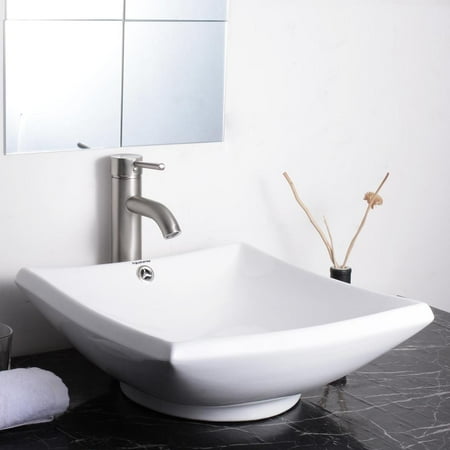 Aquaterior Square White Porcelain Ceramic Bathroom Vessel Sink Bowl Basin with Chrome Drain and