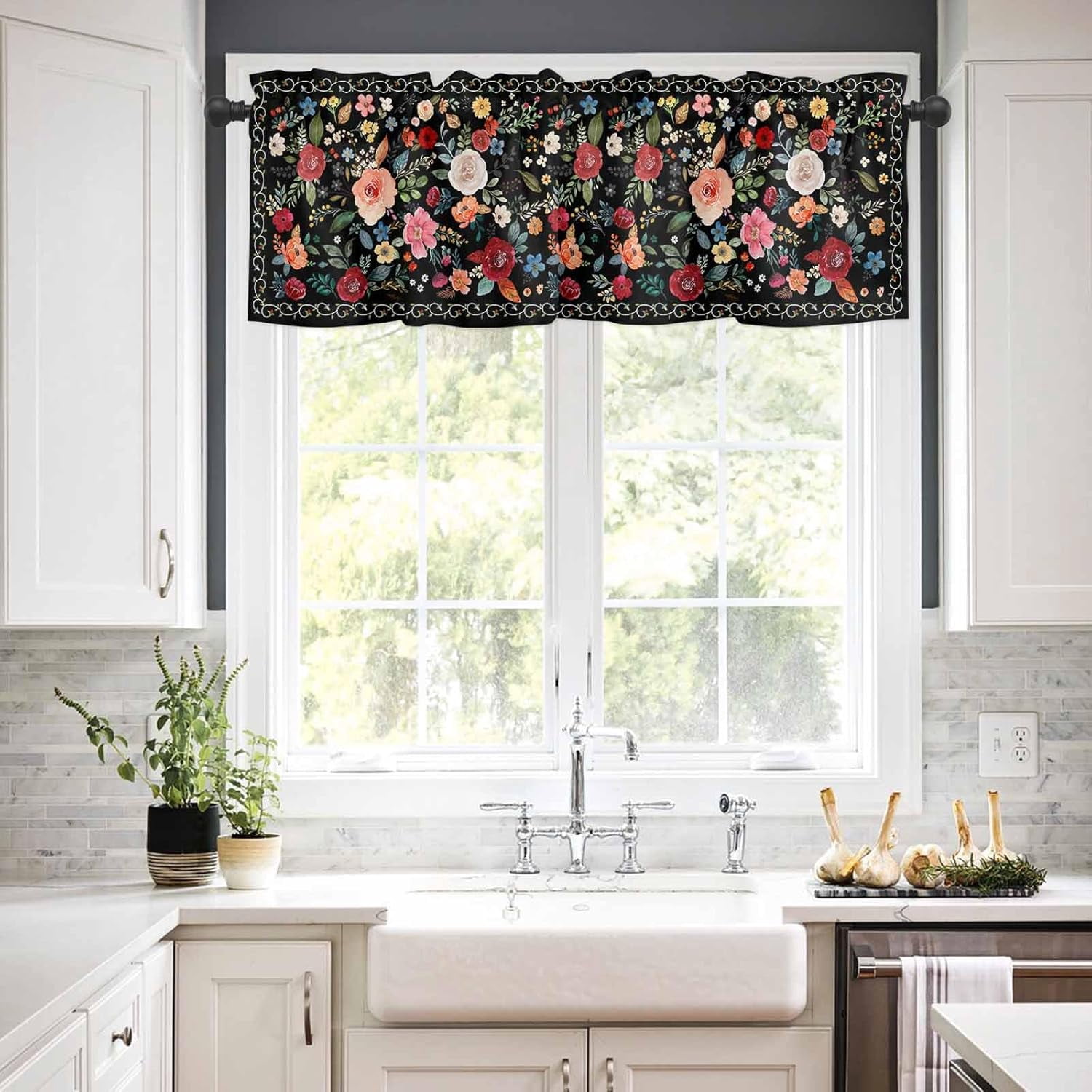 Colorful Flowers Kitchen Curtains and Valances Set, Rod Pocket Curtains Tier Farmhouse Window Curtains 36 Inch Length, Spring Summer Botanical Plants Rustic 3 Piece Kitchen Curtains Set