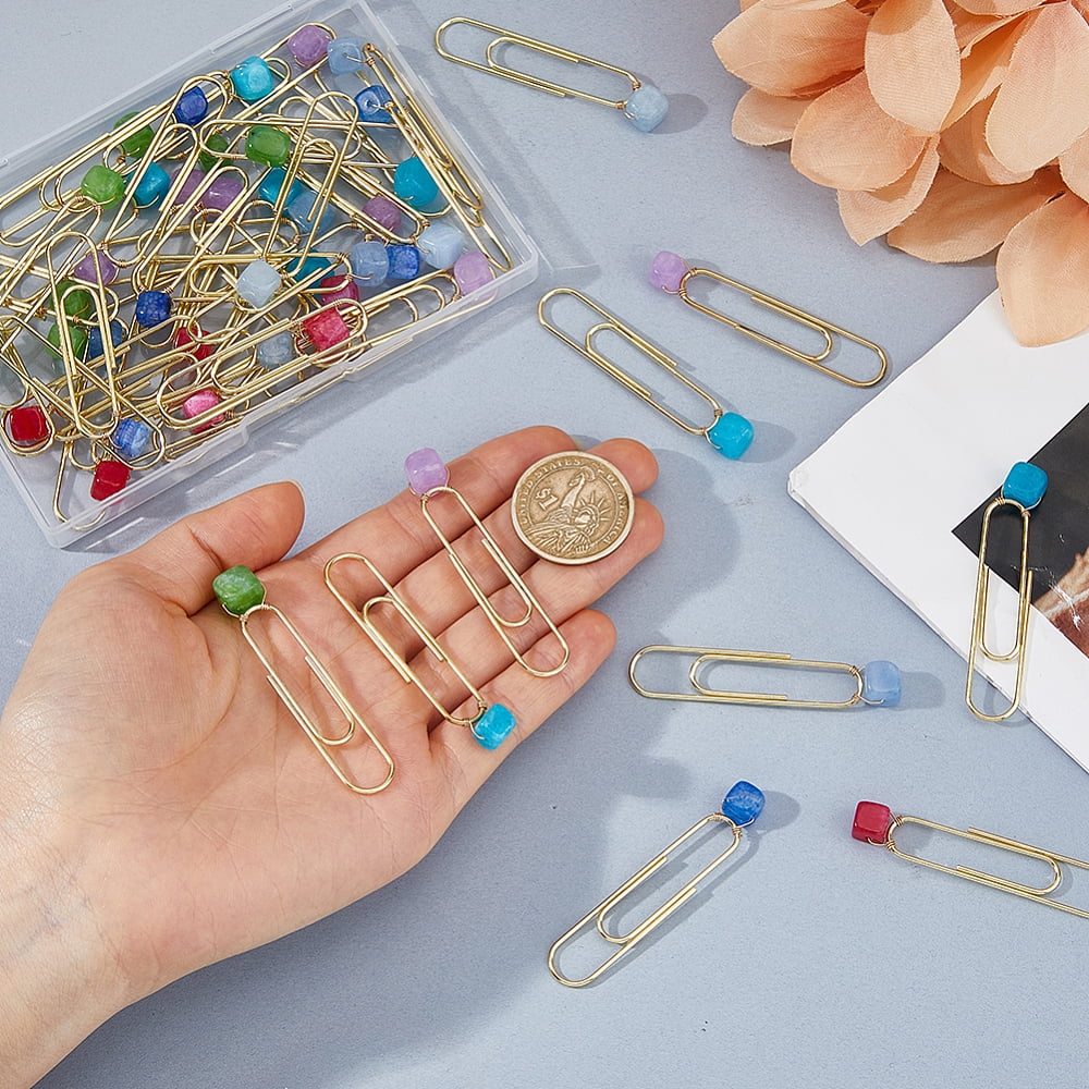48Pcs 6 Style Metal Paper Clips with Natural White Jade & Natural Agate Cube Mixed Color 57mm 8pcs/style
