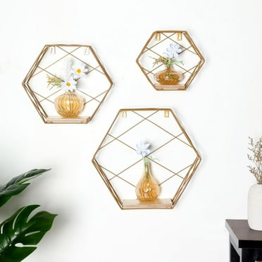 Efavormart 3 Pack 9"12"4" - Gold Geometric Floating Shelves - Wall Mounted Decorative Hexagonal Wall Shelf - Perfect for Entry, Family Room, Bedroom, Living Room, Study Room, Bathroom