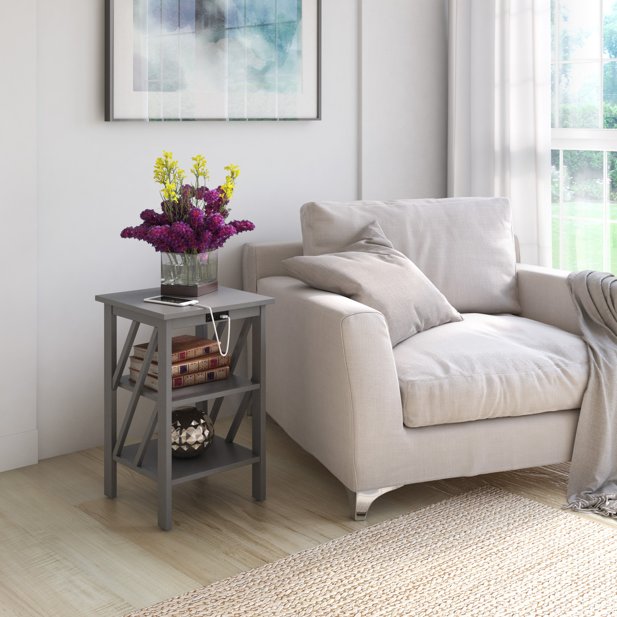 Side Table with USB Charging Ports, Antique Gray