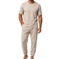 thumbnail image 5 of Matching Travel Outfit Short Sleeve Loose Pants Set Summer Loose Breathable Casual Daily Round Collar Suit Khaki S, 5 of 5