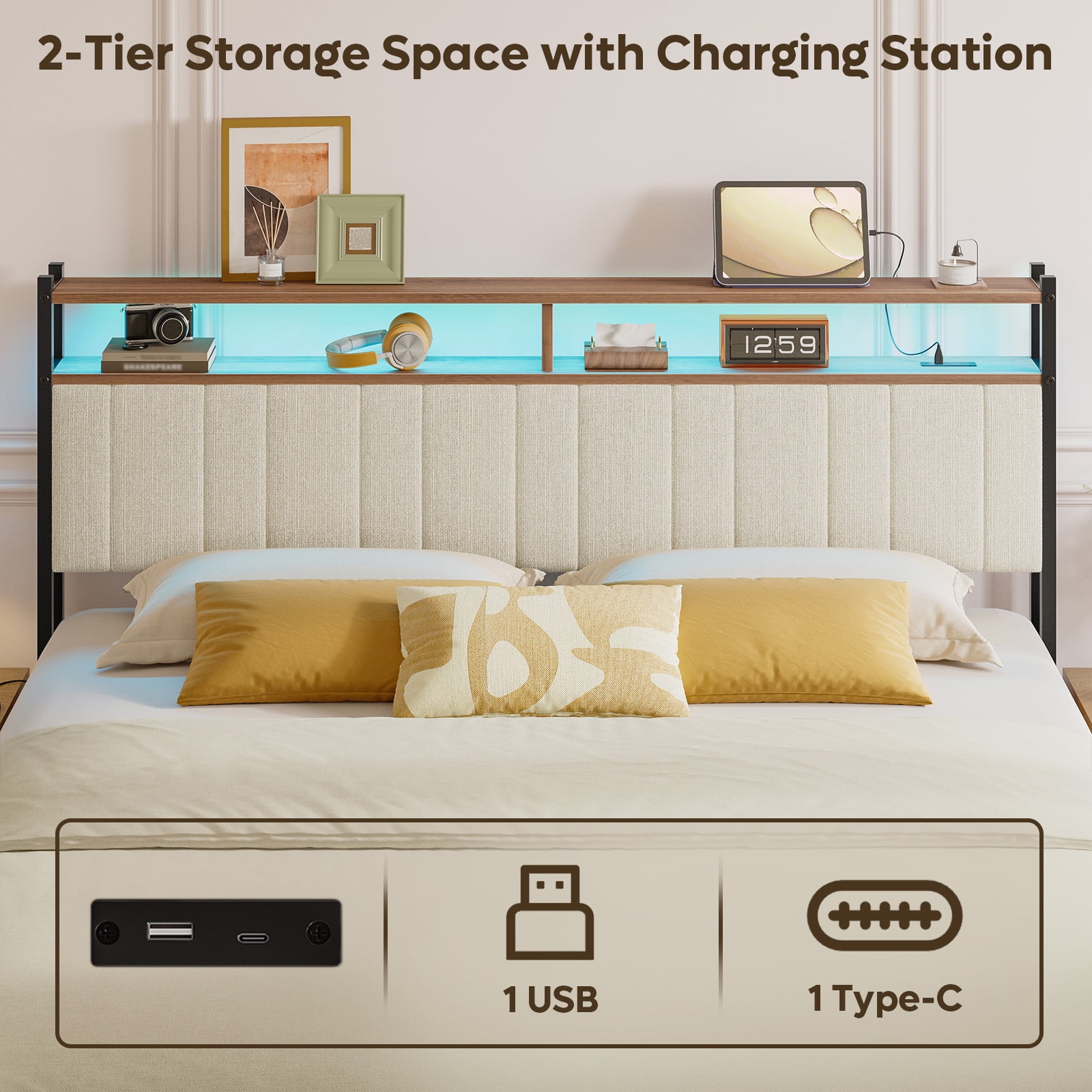 Pinmoco Headboard for King Size Bed with Storage, Linen Upholstered Head Board with LED Light and Charging Station, Beige (Headboard Only)