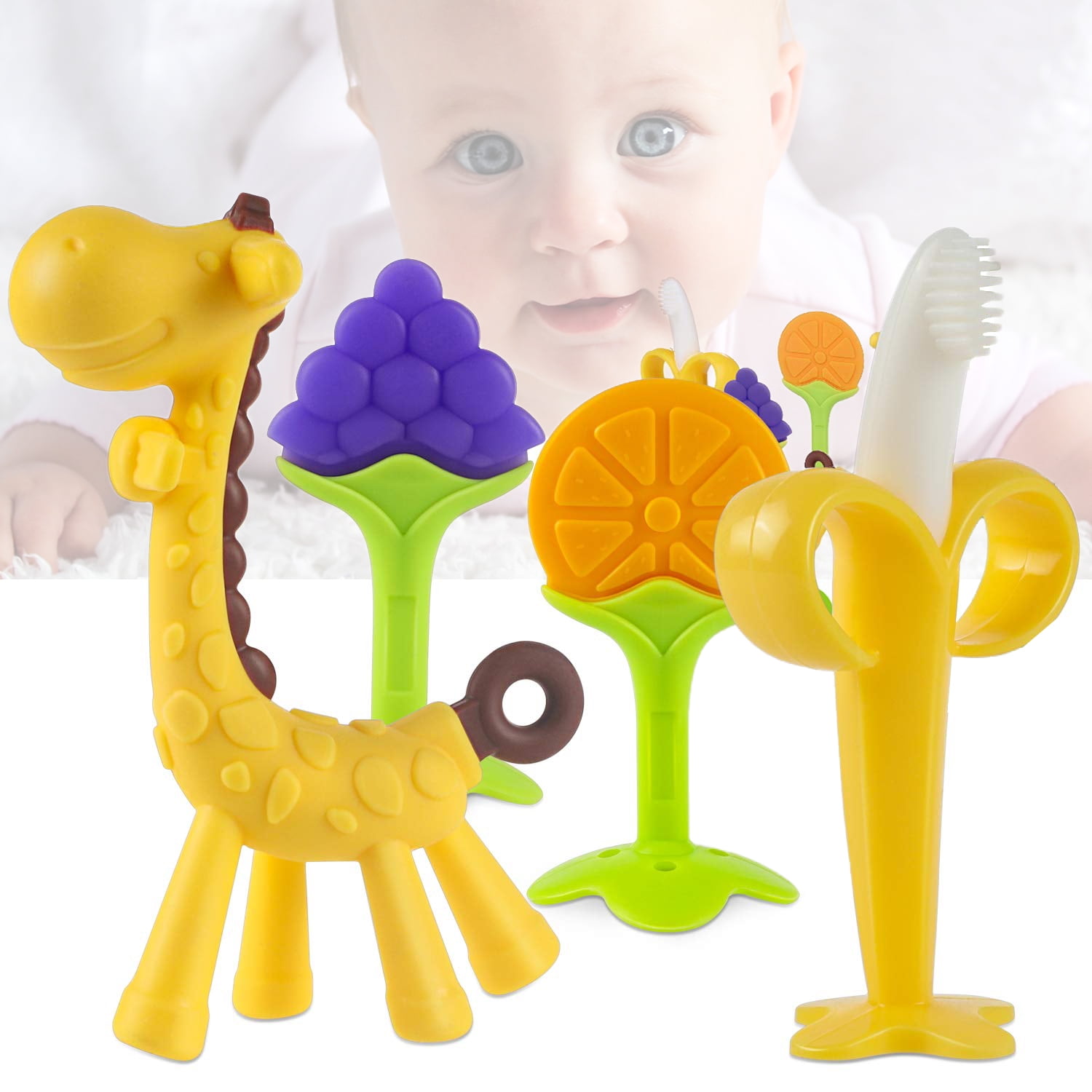 Silicone Banana Fruit Giraffe Teethers for Infant and Toddler Soothe Babies Gums 5-Pack Baby Teething Toys for Newborn Freezer Safe BPA Free 