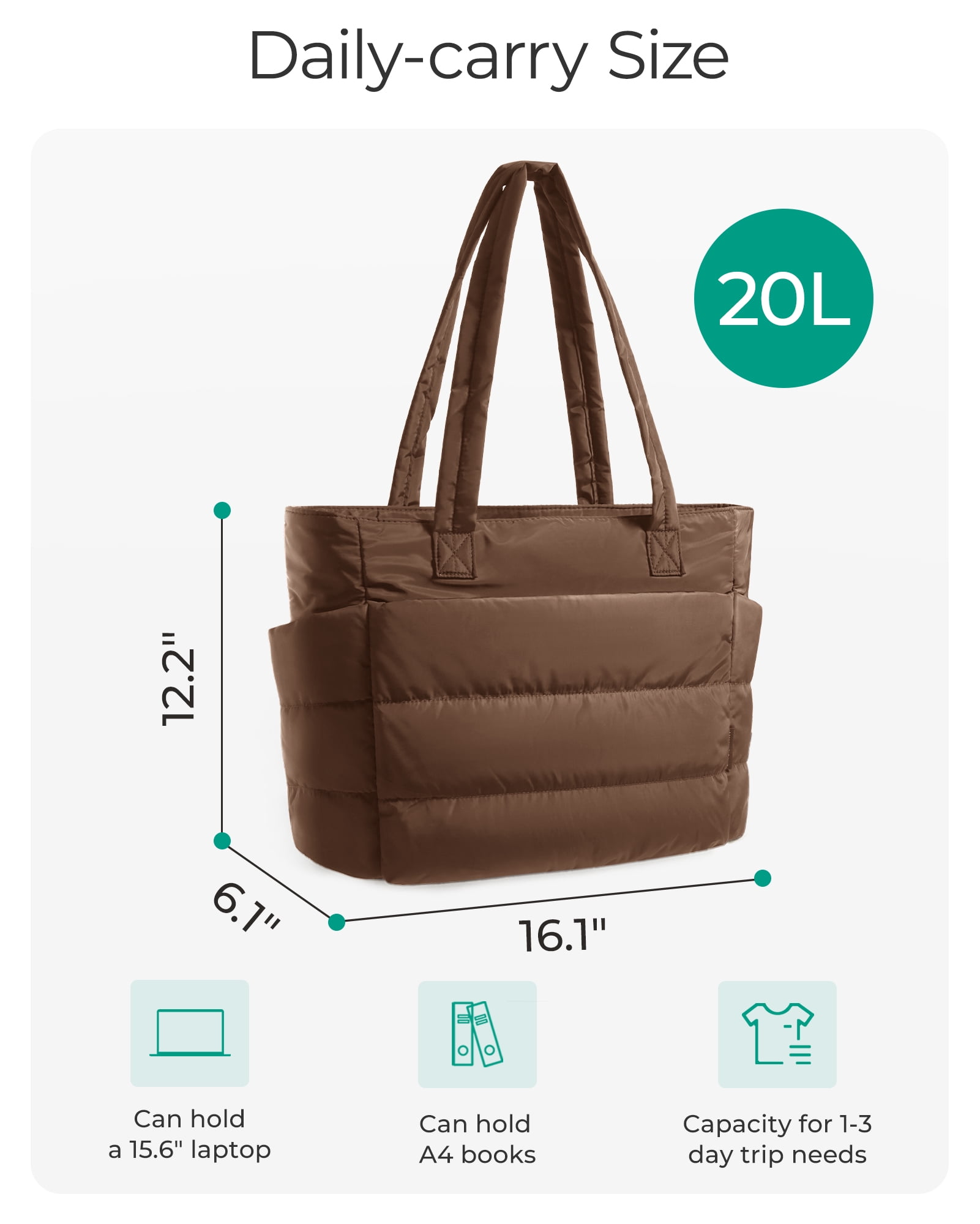 BAGSMART Tote Bag for Women, Lightweight Shoulder Bag with Compartments Puffy Handbag for Travel, Work, Beach, Gym, Shop, Coffee