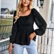 thumbnail image 2 of Mujeres largo puff mangas Camisas escote elástico de alta cintura una línea multi capas hem elegante Top negro M, 2 of 7