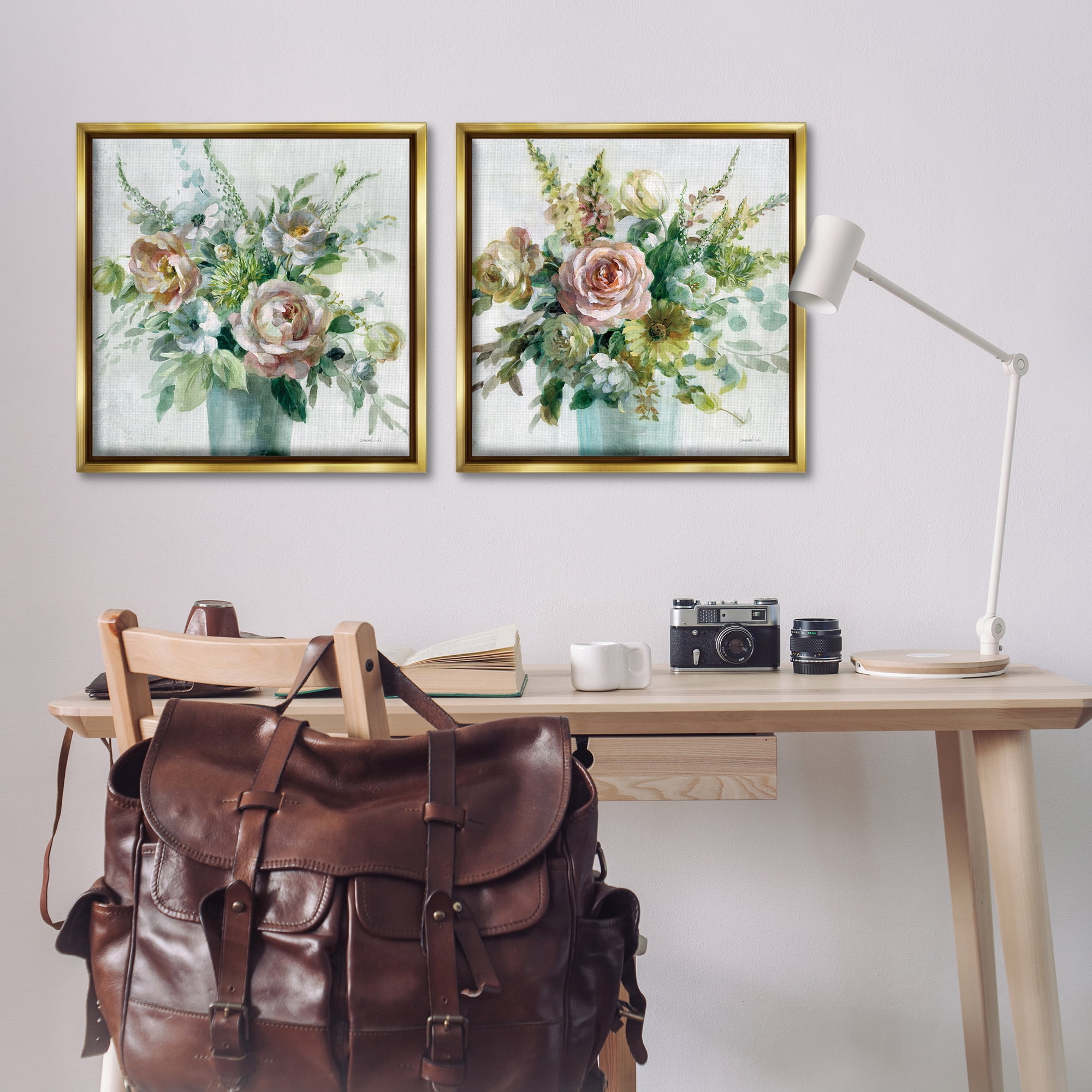 Stupell Industries Sage Peach Still Life Florals Plants & Flowers Painting Gold Floater Framed Canvas Art Print Wall Art, 25 x 25, Set of 2
