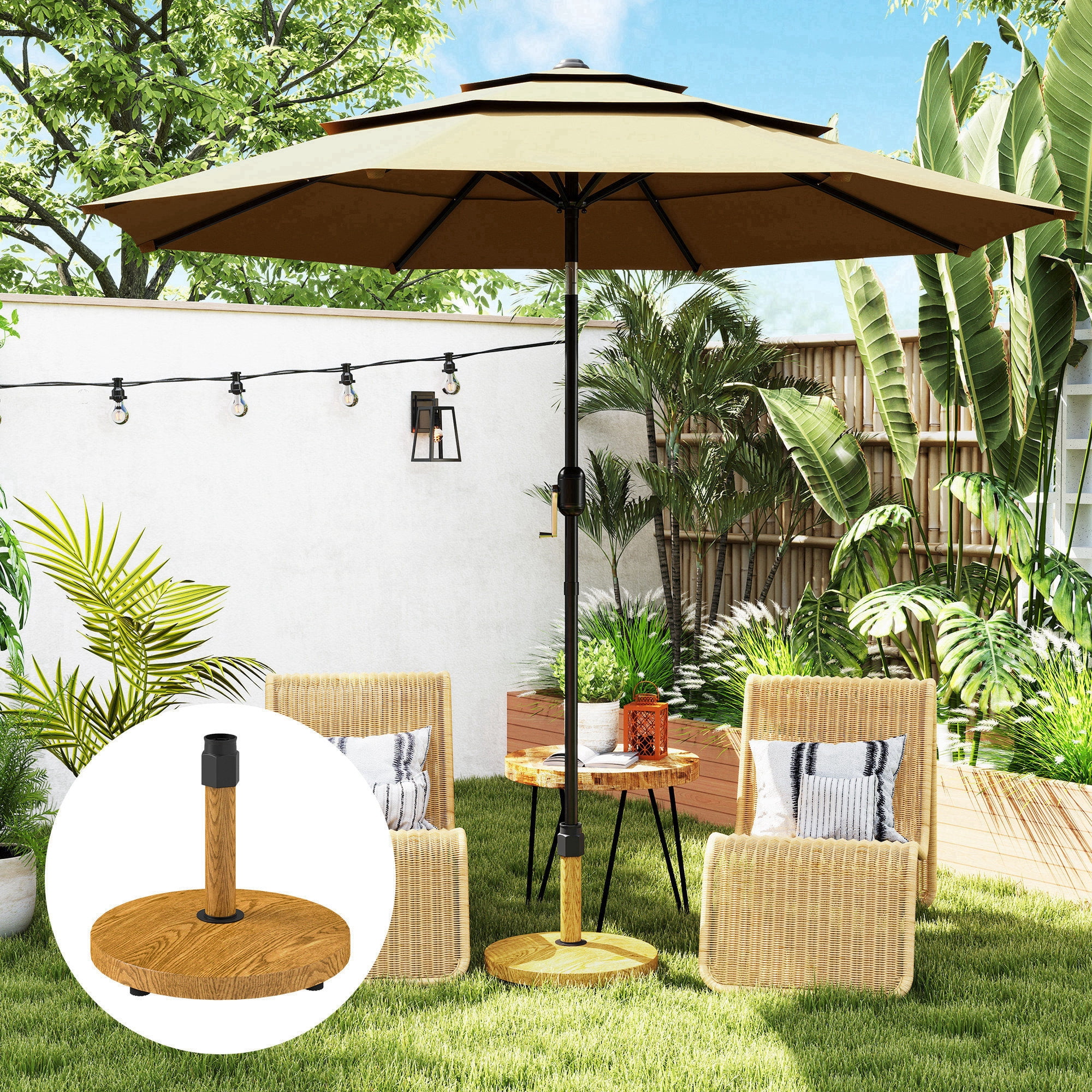 Homiyad Patio Umbrella Base Holder, Outdoor Umbrella Base with Wheels, Heavy Duty Patio Umbrella Stand Base for Garden, Poolside, Nature Wood