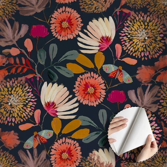 Boho Dark Floral Wallpaper Waterproof Peel and Stick Wallpaper, Modern Funky Flower Pattern Removable Wall Decor for Bedroom Living Room Bathroom Kitchen Cabinet Rental Property 17.7 * 78.5 in