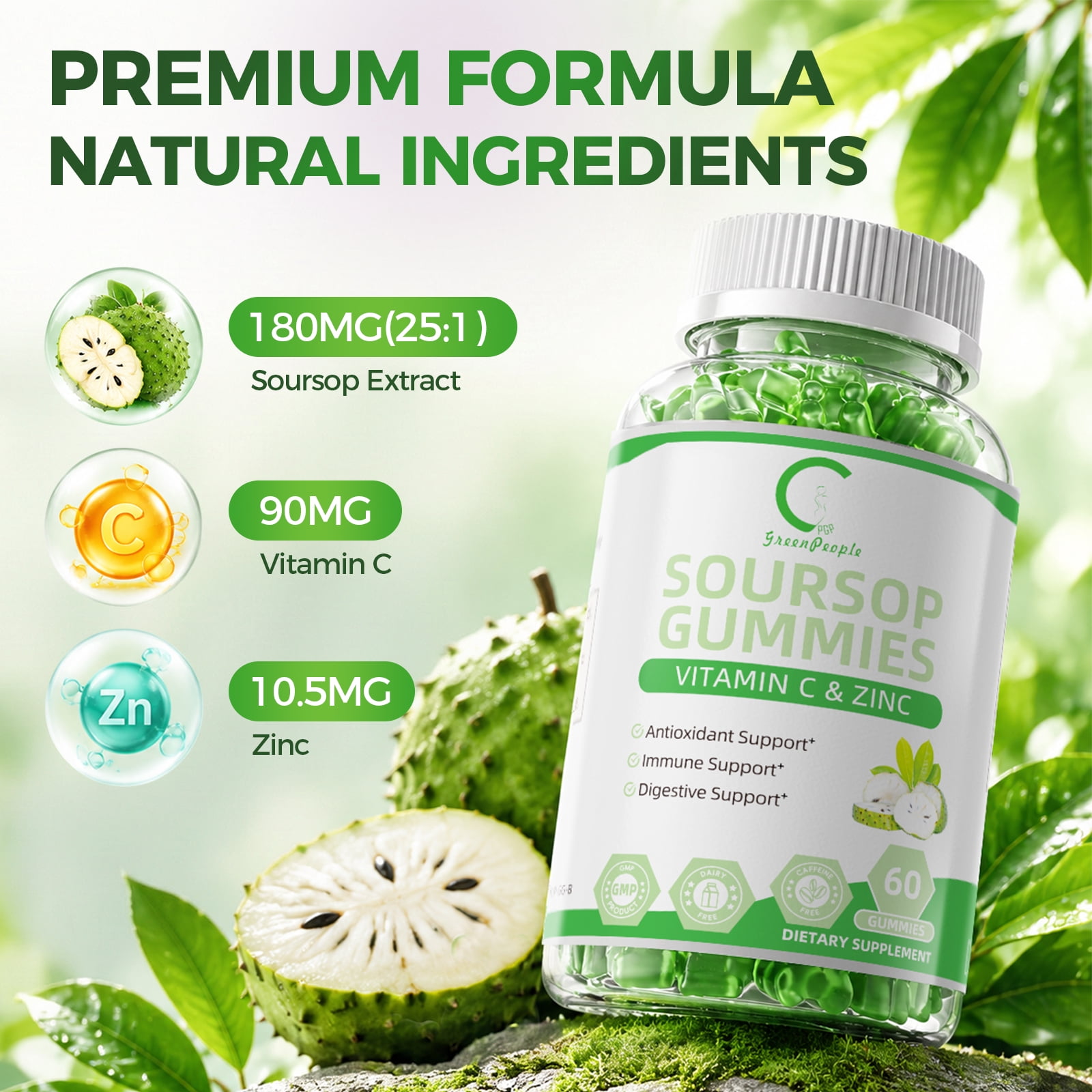Soursop Graviola Gummies, Organic Soursop Leaves and Seeds Extract with Vitamin C, Zinc, Digestive, Immune Support and Antioxidant Properties, 60 Gummies