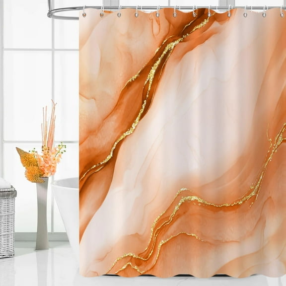 Burnt Orange Modern Shower Curtain, Burnt Orange Mix Gold Ombre Marble Texture Luxury Bathroom Curtain Waterproof Fabric Machine Washable with Hooks, 36" Wx72 L