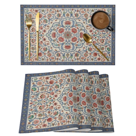 Mediterranean Placemats Set of 2 Vintage Bohemia Ethnic Peony Flower Place Mats Indoor Wipeable Table Mats Washable Cloth Dining Table Placemats for Kitchen Holiday Party Home Decor 13x19 Inch
