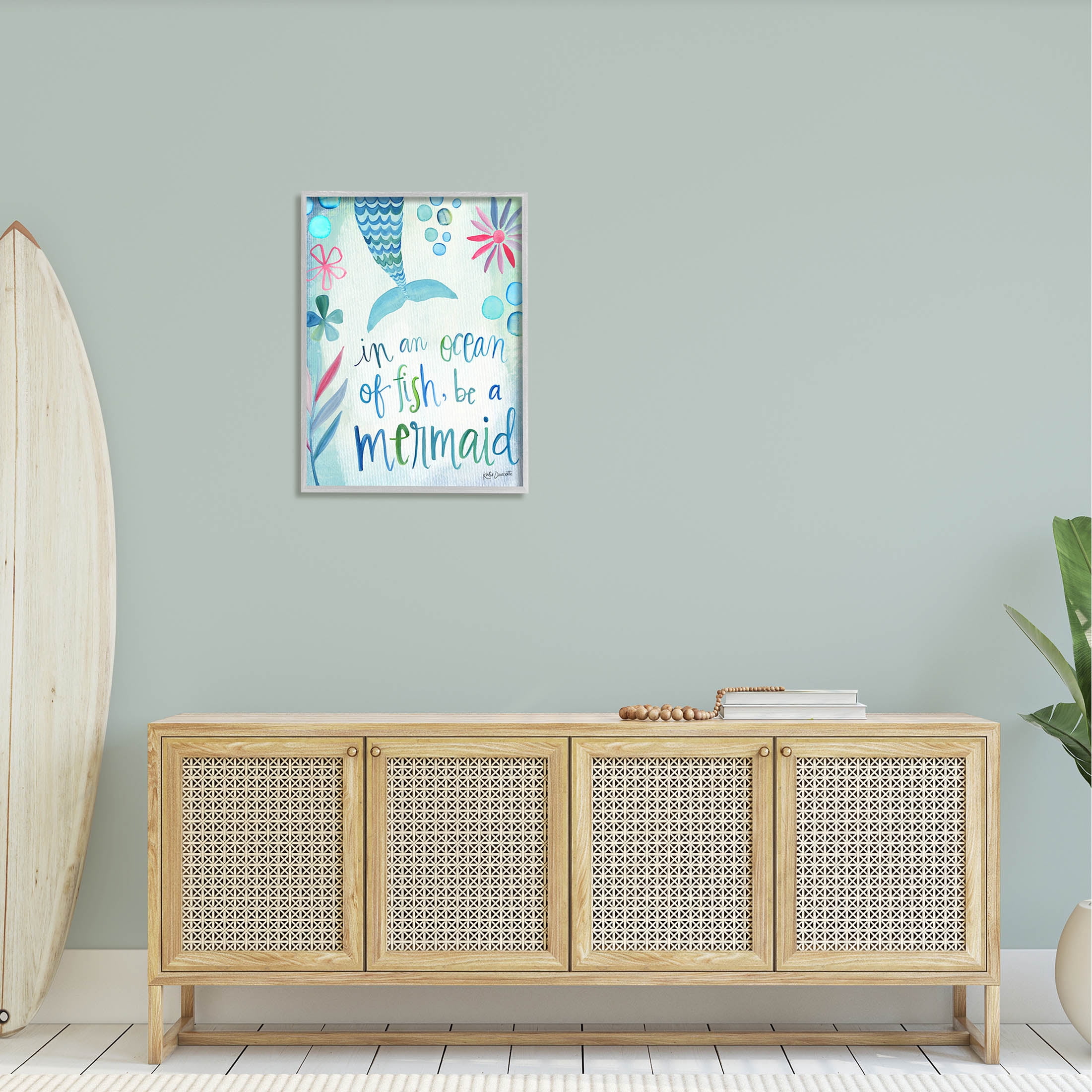 Stupell Industries Be a Mermaid Motivational Ocean Quote Flower Blossoms Graphic Art Gray Framed Art Print Wall Art, Design by Katie Doucette