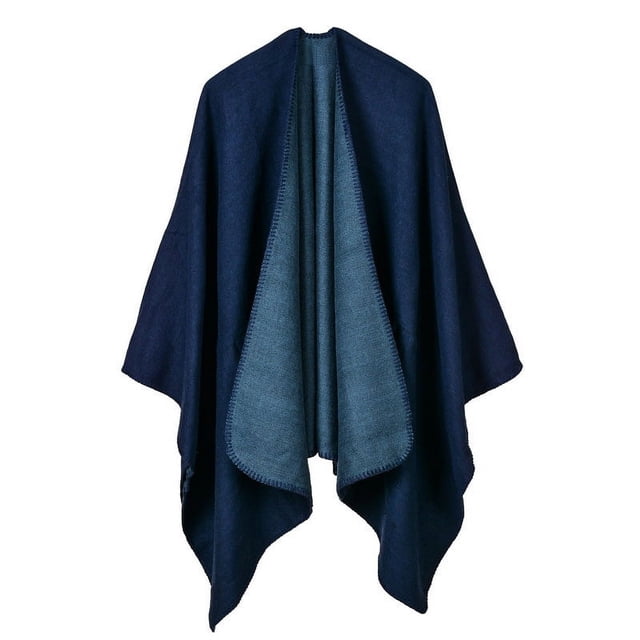 Nvzi Poncho abierto al frente, capa, suéter de gran tamaño, cárdigan informal, chales para otoño e invierno, doble cara, azul marino