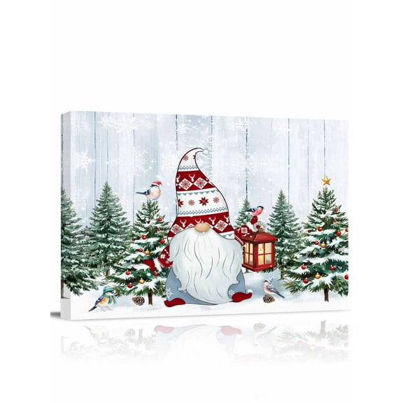 Christmas Gnome Canvas Print Wall Art Winter Xmas Trees Bird Snowflakes White Wood Pictures Painting Morden Artwork for Living Room Bedroom, Ready to Hang - 12"x16"