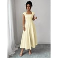thumbnail image 4 of Pale Yellow Womens Square Neck Cinched Waist A-Line Midi Dress For Spring Summer Casual Vacation, 4 of 7