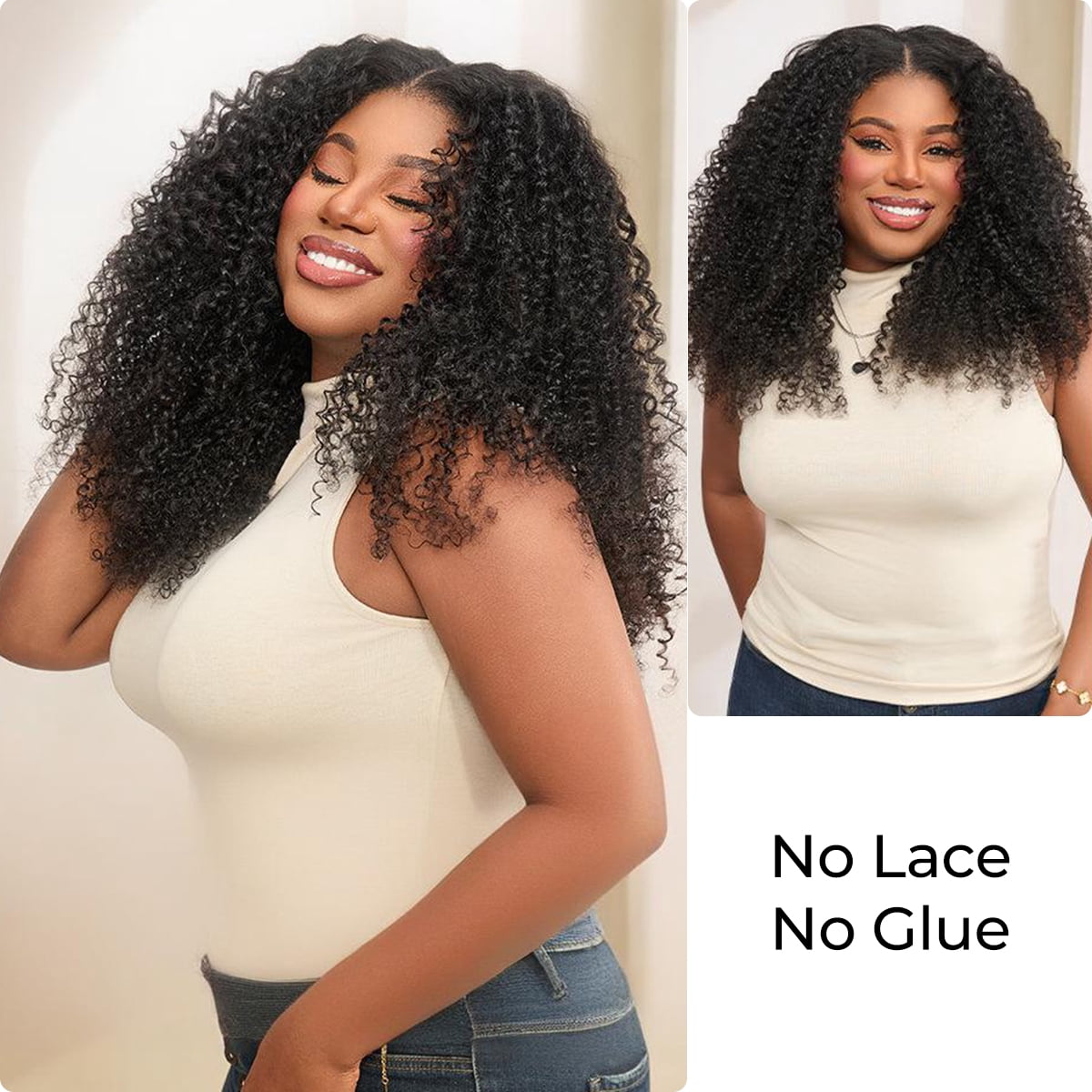 Wear & Go Glueless Straight/ Kinky Curly V Part Wig No Leave Out Thin Part Human Hair Wigs for Beginner Protective Style - Natural Black #1b