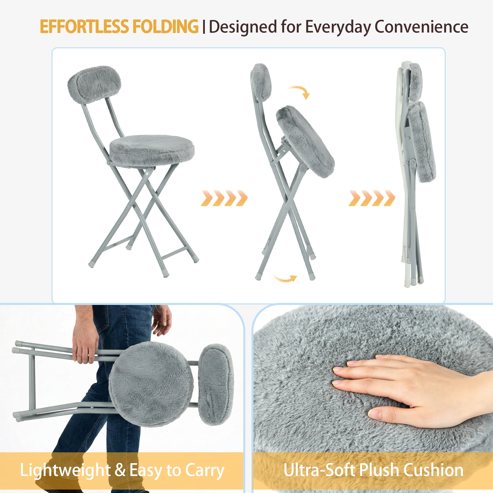 Homy Casa Folding Vanity Chairs Set of 4, Faux Fur Makeup Chairs for Small Spaces, Gray