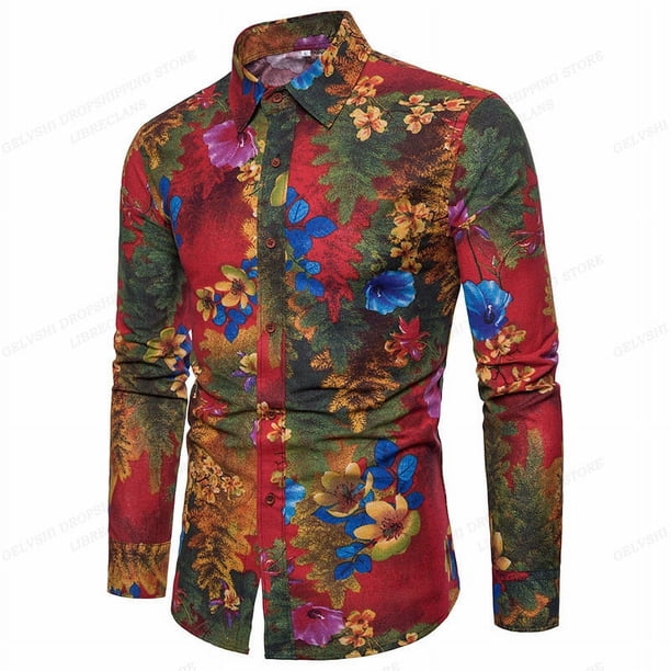 Camisas hawaianas de manga larga, camisas de moda para hombre, blusas florales, blusas de playa cubanas, ropa para hombre, camisas con cuello vuelto para hombre