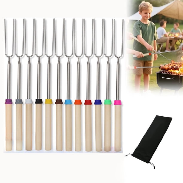 12 palitos for asar malvaviscos con mango de madera, brochetas extensibles de acero inoxidable de 32"