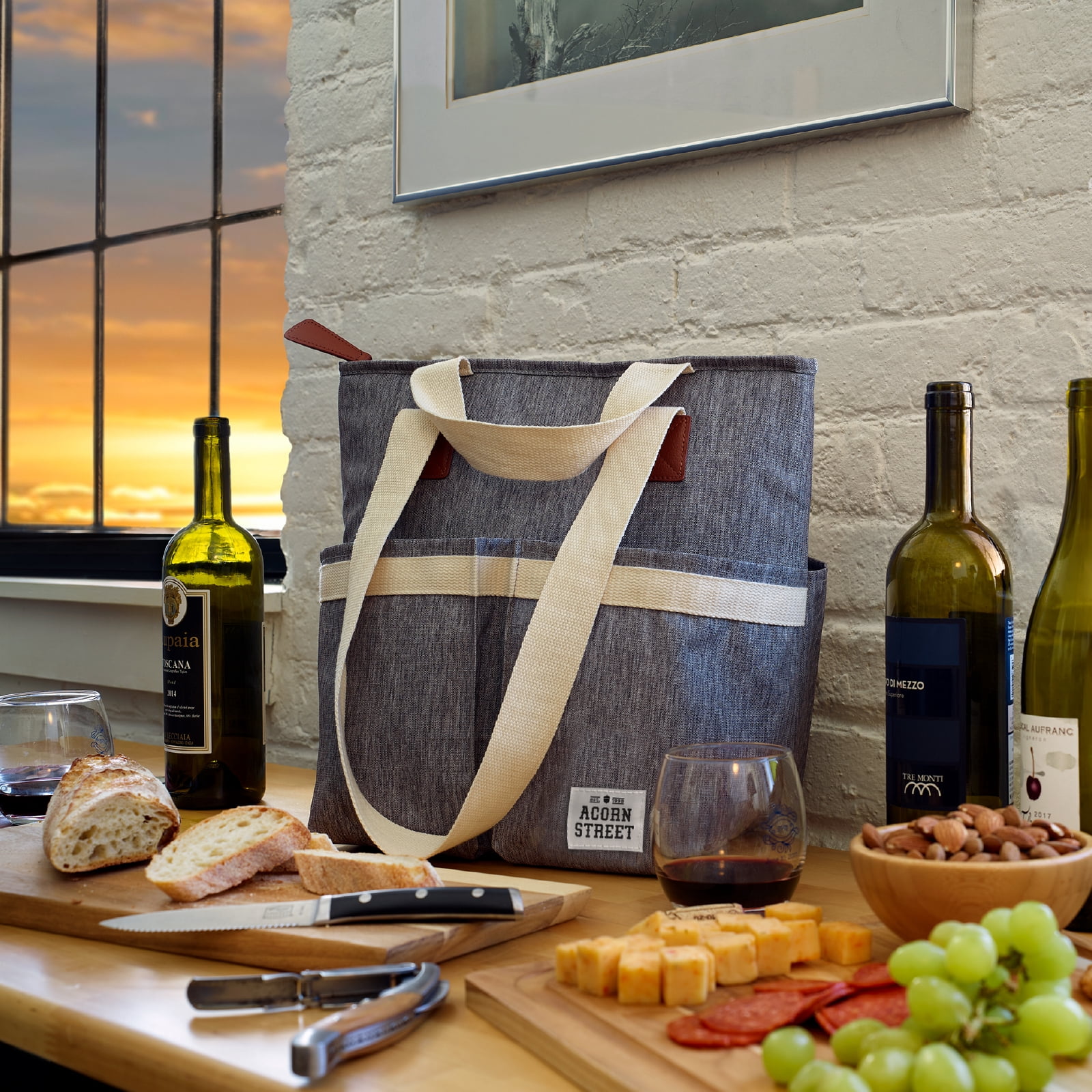 Acorn Street Insulated Cooler Tote Bag with Removable Divider, Grey, 24-Can Capacity