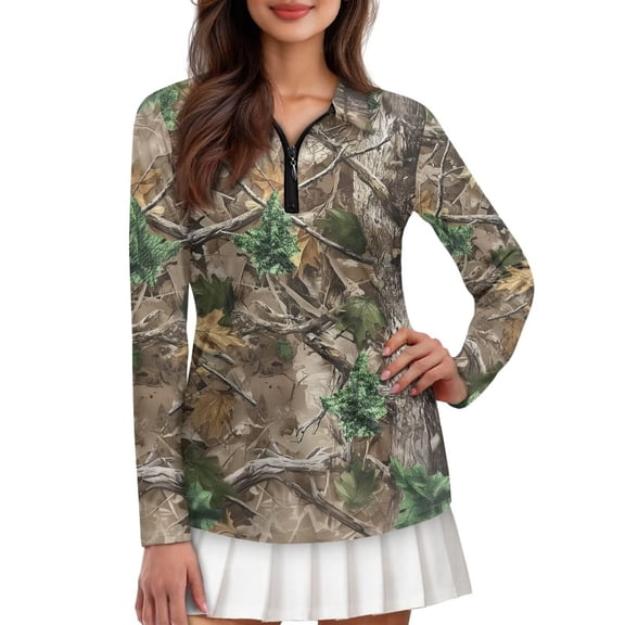 Uorisanigo Camo Forest Womens Golf Shirt Casual Long Sleeve Moisture Wicking Casual Tennis Activewear Comfortable Quarter Zip Pullover for Workout Sports