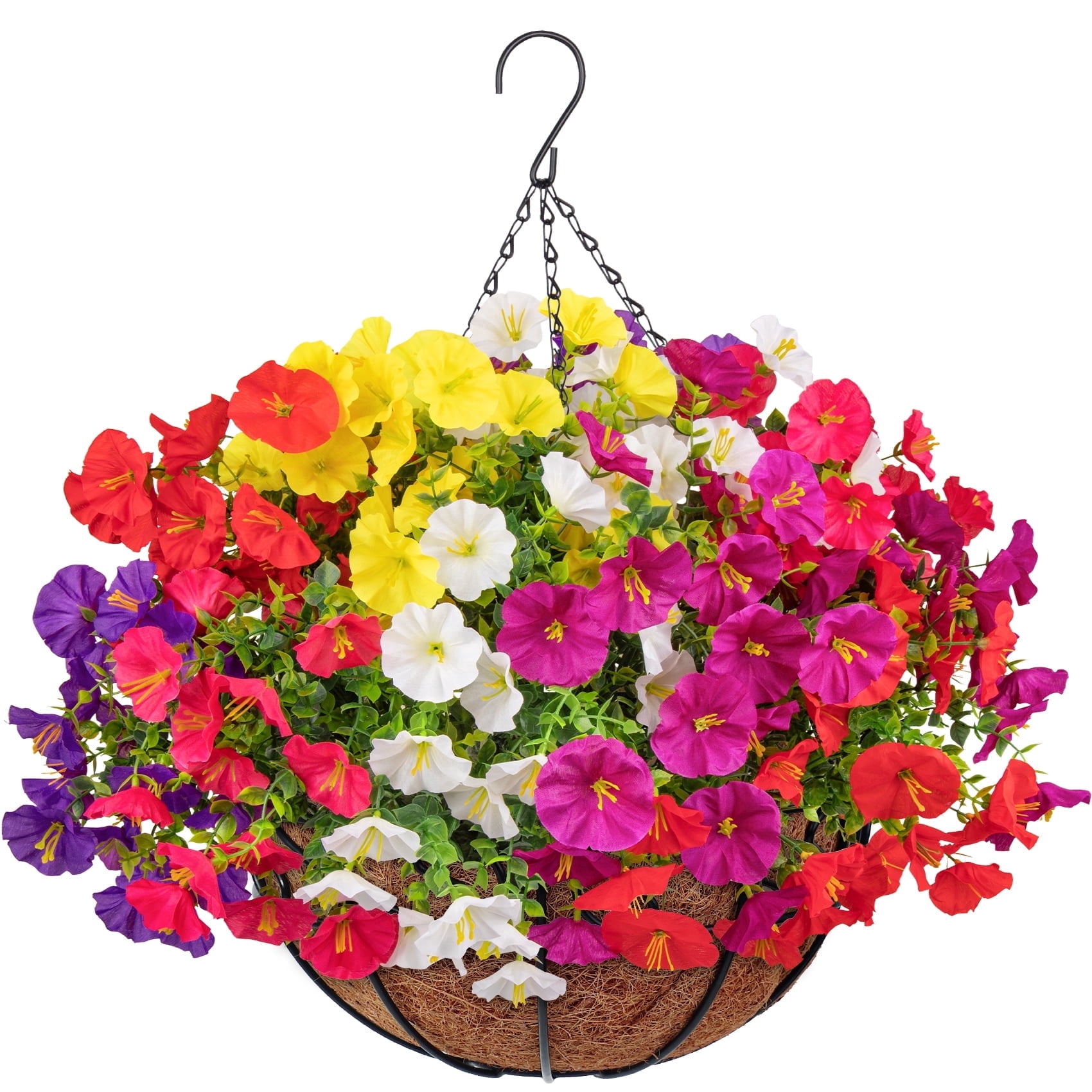 AcerichFad Artificial Hanging Flowers, 12 PCS Outdoors Fake Flowers Faux Plants with Coconut Lining Basket for Spring Summer Home Decoration, Multicolor