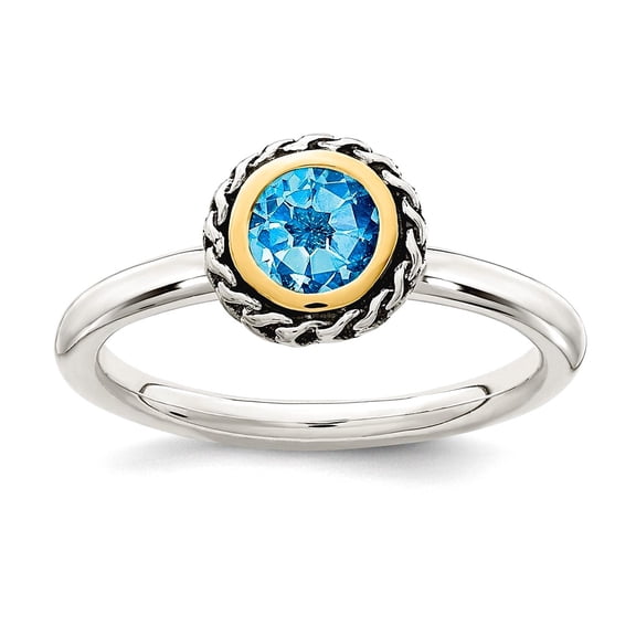 925 Sterling Silver With 14k Polished Blue Topaz Ring Size 7 Ring for Women - .60 cwt