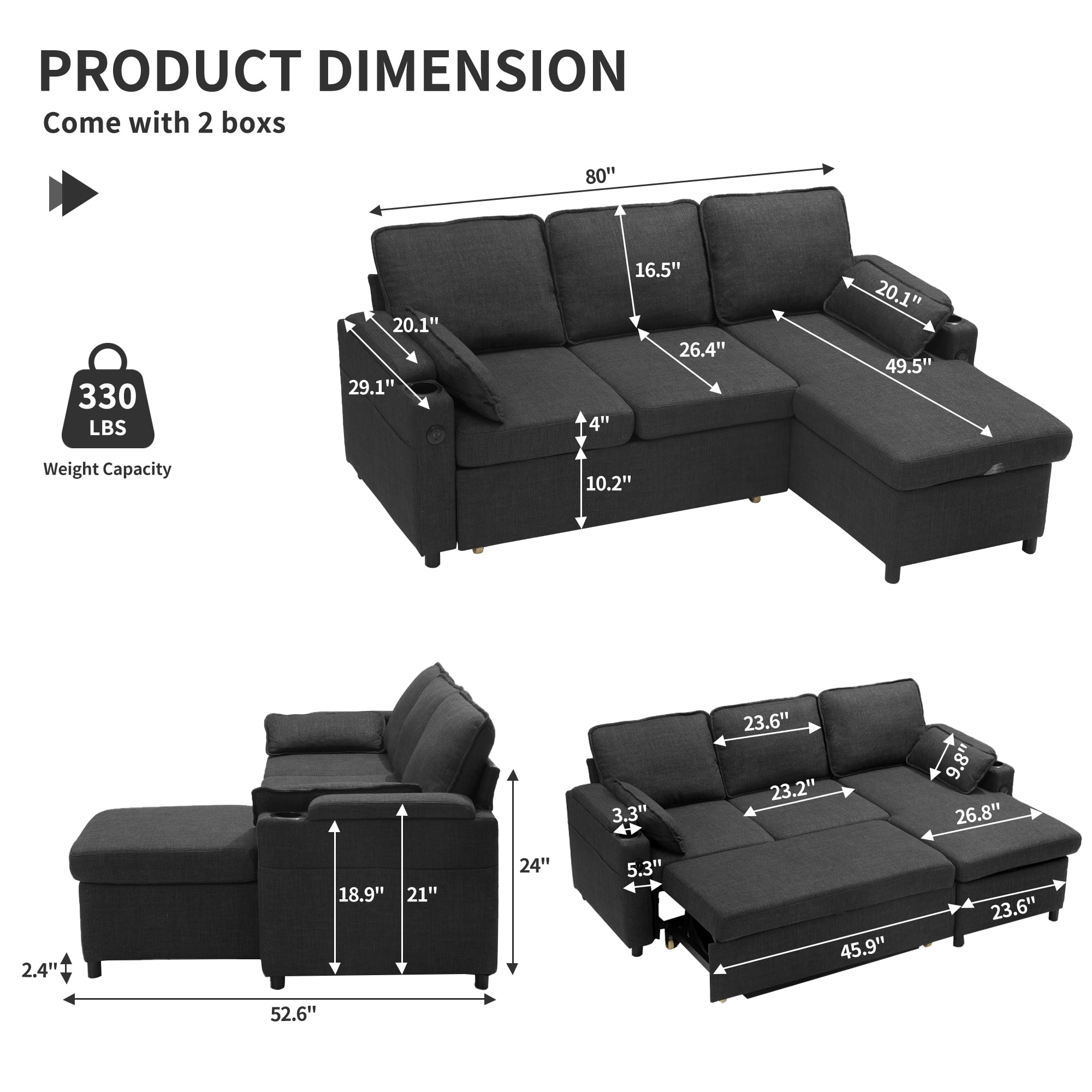 Duraspace Sectional Sleeper Sofa With Storage Chaise, Reversible Pull ...