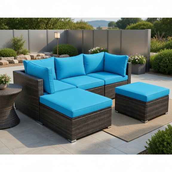 Resenkos 5‑Piece Modular Outdoor Sectional Sofa, Weather‑Resistant PE Rattan Patio Conversation Set, Steel Frame with Removable Washable Cushions for Backyard Poolside Garden, Turquoise