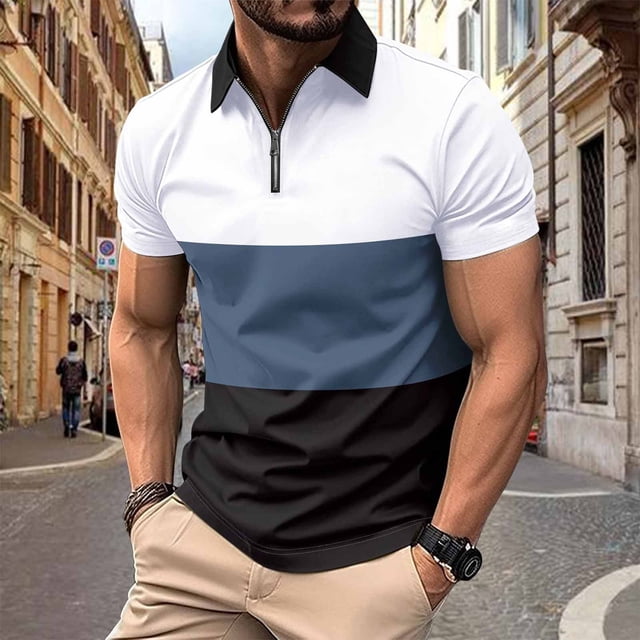 pstuiky camisetas de hombre, Camisa de manga corta versátil con cuello abatible y cremallera para hombre camisetas de hombre m