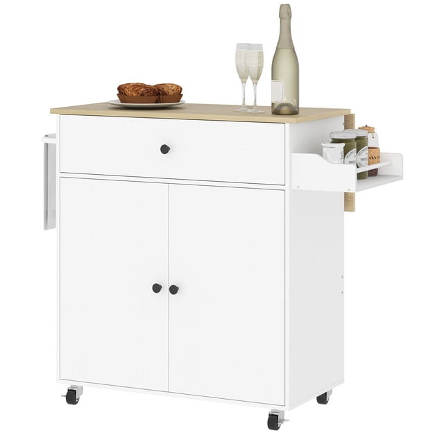 Rolling Kitchen Island with Drop Leaf, White Kitchen Storage Cart with Drawer, Cabinet, Spice Rack & Towel Bar, Mobile Breakfast Table for Small Kitchen & Dining Area, 41.7"W