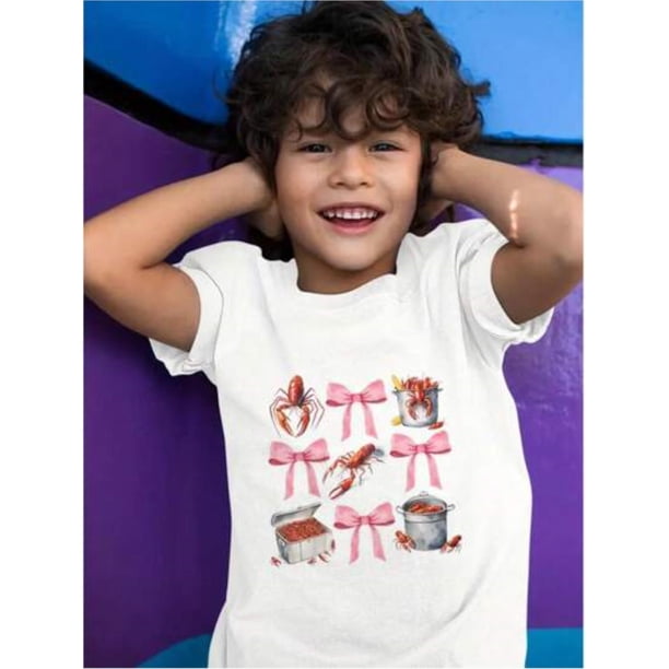 Cute Coquette Crawfish Boil Y2K Aesthetic T-Shirt With Pink Bows - Cartoon Kawaii Graphic Short Sleeve Crewneck Tee For Girls & Boys 3-13 Years, Machine Washable Summer & Year-Round Casual Top