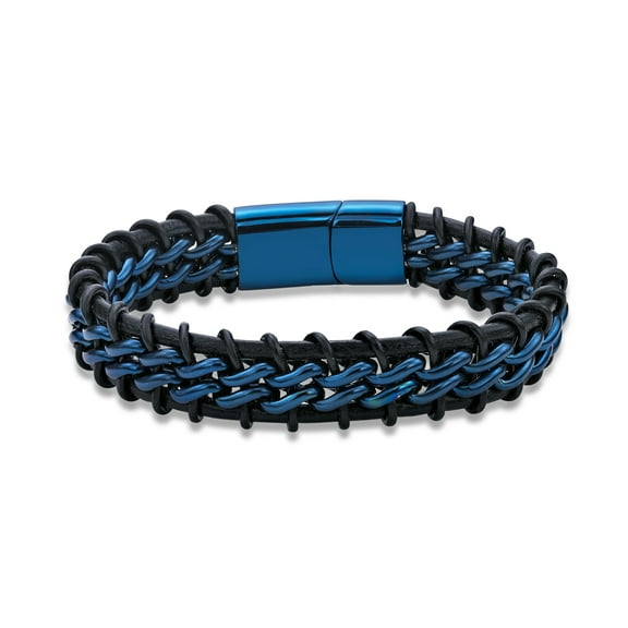 Blue Ion Plated Stainless Steel and Black Leather Bracelet with Magnetic Closure