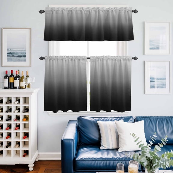 Abstract Ombre Grey and Black Curtain Tier and Valance Set 3 Piece, Geometric 3-inch Rod Pocket Window Tier Curtains Valance for Kitchen Living Room